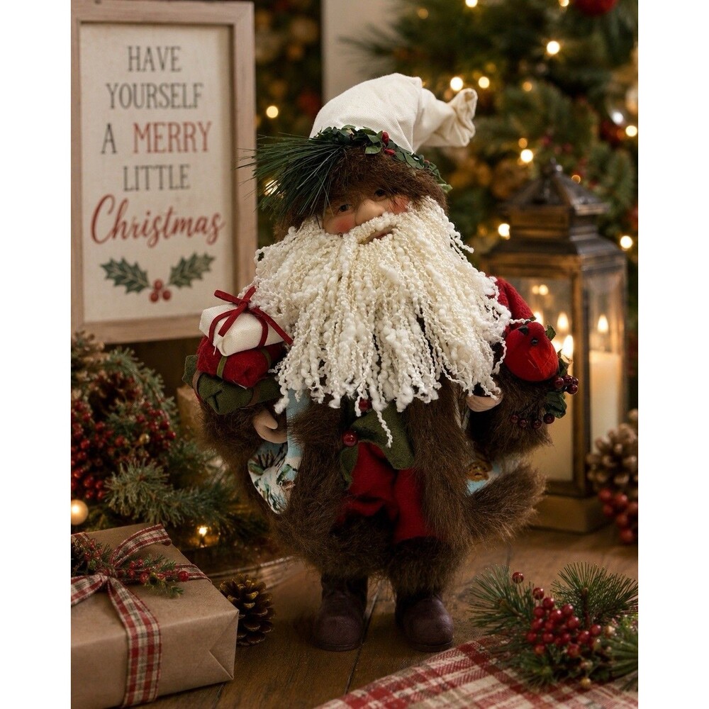 Primitive Style Santa Claus Figure Cardinal Bird Christmas Holiday Decor 12”